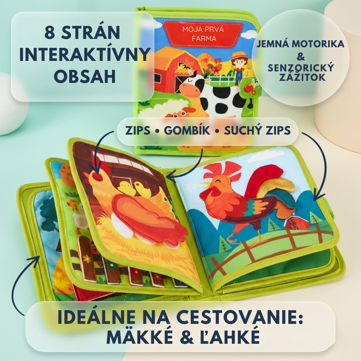 Produktový banner KinderSpeech pre látkovú knižku „Moja prvá farma“, ktorý vyzdvihuje 8 strán interaktívneho obsahu, jemnú motoriku a prvky ako zips, gombík a suchý zips.
