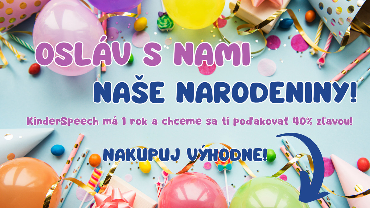 Narodeninový reklamný banner KinderSpeech s textom „Osláv s nami naše narodeniny!“ a ponukou 40% zľavy na pozadí s balónmi a párty dekoráciami.