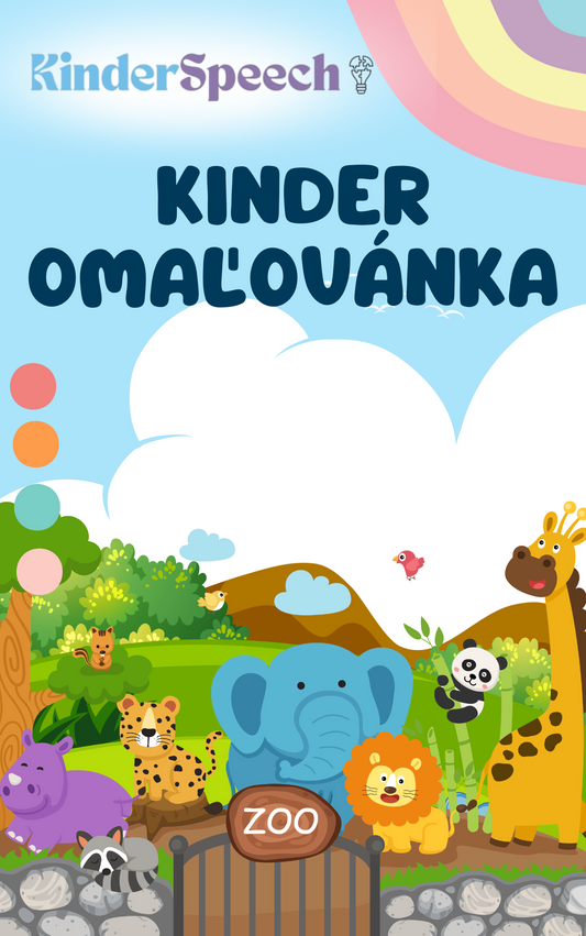 Obálka detskej Kinderspeech omaľovánky s motívom ZOO zvierat, ako slon, lev a žirafa, pre kreatívny rozvoj detí.