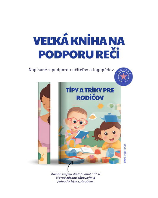Obálka e-knihy Kinderspeech „Tipy a triky pre rodičov“ na podporu reči detí, vytvorená v spolupráci s logopédmi.