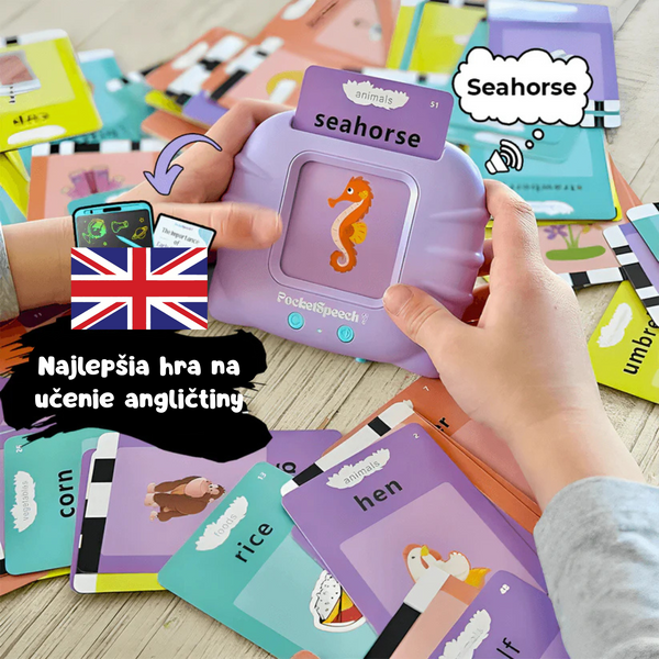 Produktový banner KinderSpeech pre „PocketSpeech“, hovoriace kartičky na učenie angličtiny, ktorý zobrazuje fialovú čítačku s kartou morského koníka a textom „Najlepšia hra na učenie angličtiny“.