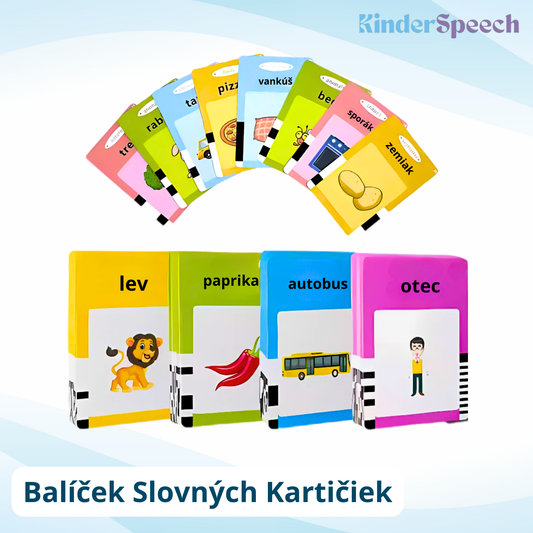 Balíček slovných kartičiek Kinderspeech s ilustráciami zvierat, jedla a dopravy na rozvoj slovnej zásoby detí.