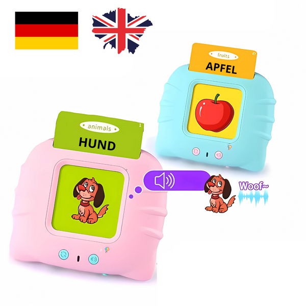 Produktová grafika pre PocketSpeech, ktorá zobrazuje ružovú a modrú čítačku hovoriacich kariet s nemeckými slovíčkami „HUND“ a „APFEL“ spolu s vlajkami Nemecka a Spojeného kráľovstva.