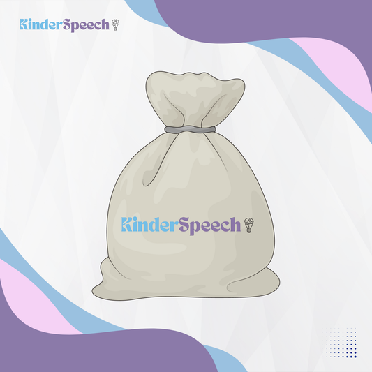Ilustrácia bieleho plátenného vrecka s logom KinderSpeech na svetlom pozadí s jemnými fialovými a modrými vlnami.